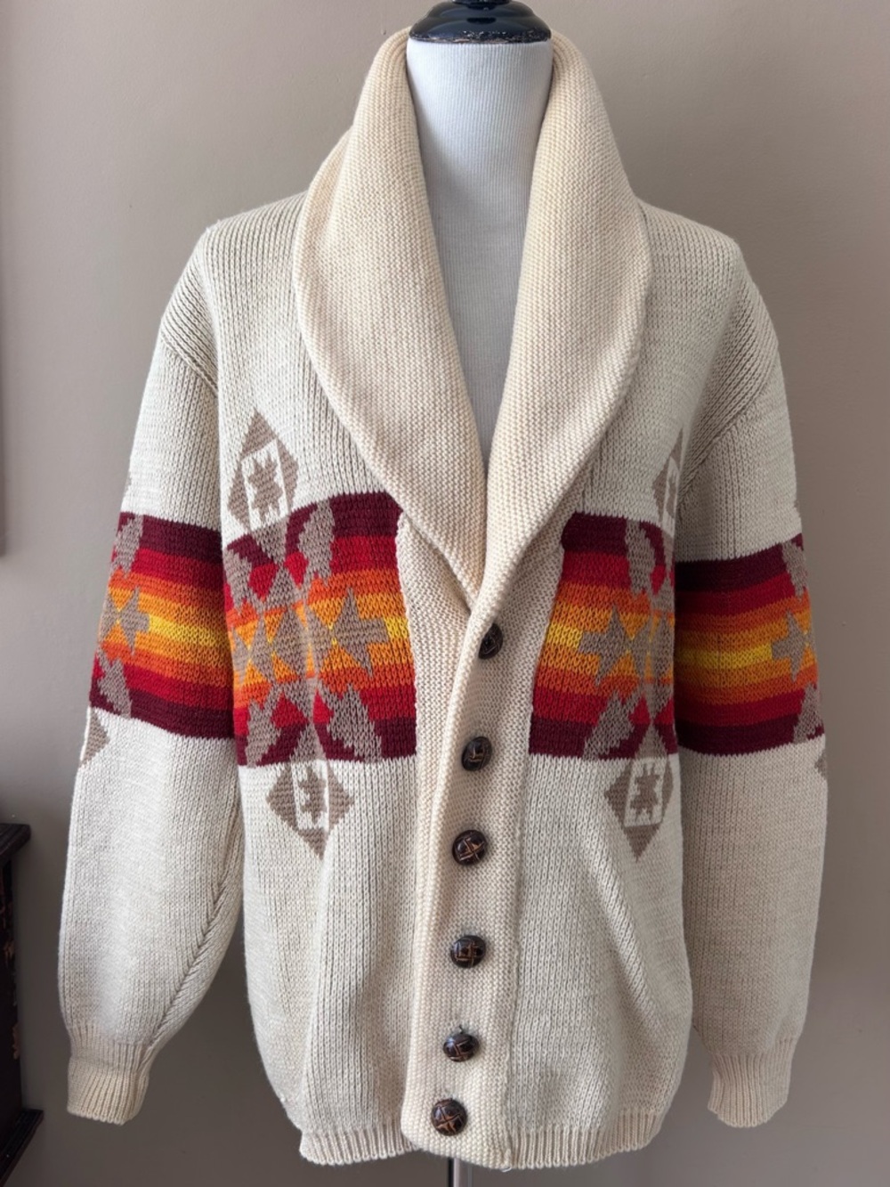 Pendleton Vintage 1970s Western Aztec Wool Shawl Collar Cardigan Sweater M - Picture 7 of 15